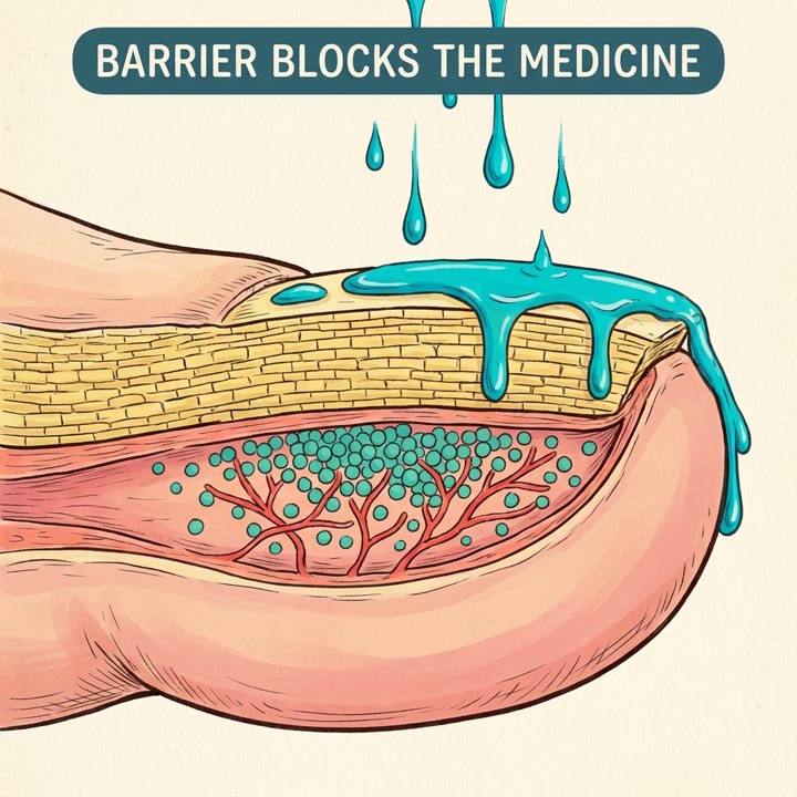 Cross-section illustration — topical antifungal drops pool on top of the dense keratin barrier and can't physically reach the fungal colony trapped underneath