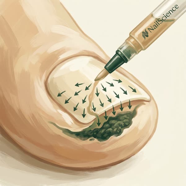 Step 2: 25% undecylenic acid penetrating the nail bed past the softened keratin layer