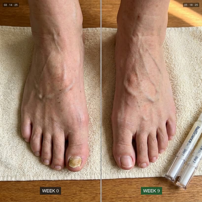 Overhead photo of the same foot at Week 0 with a thick yellow fungal big toenail on the left, and at Week 9 with a clear healthy pink nail on the right, NailScience 2-step applicator pens beside the towel