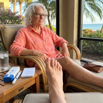 Barbara on a Naples lanai with a clear pink toenail and the NailScience refill box beside her — reordered for a second time