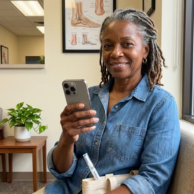 Monica in the podiatrist waiting room with the NailScience pen in her tote bag — didn't need the Lamisil after all