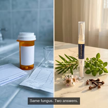 Split comparison: on the left an orange prescription pill bottle with blank label on a clinical bathroom counter; on the right the NailScience Step 1 pen surrounded by fresh tea tree, oregano, manuka, and clove bud botanicals in warm natural light