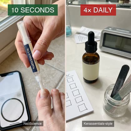Split comparison: on the left a woman's hand applying the NailScience pen to her own toenail with a stopwatch beside her foot showing the full routine takes 10 seconds; on the right a cluttered bathroom counter with a generic amber dropper bottle, an alarm clock, and a checkbox chart showing 4 daily applications
