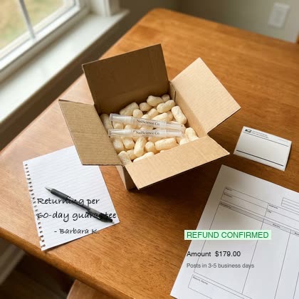 An open shipping box on a wooden table with two empty NailScience pens inside, a handwritten note on lined paper that reads 'Returning per 60-day guarantee — Barbara K.', a USPS return label, and a printed refund confirmation showing $179.00 refunded in 3-5 business days